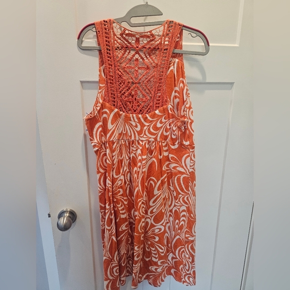 ELLE Orange White Print Sleeveless Dress Large Crochet Racerback - Picture 4 of 10
